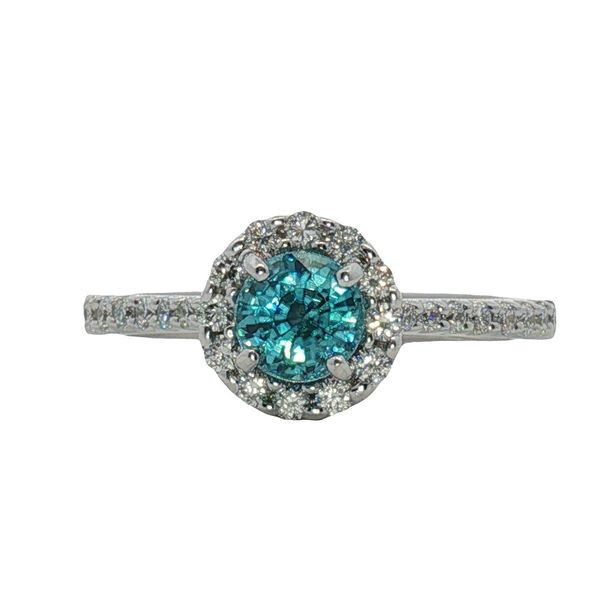 0.96ct Round Blue Zircon Halo Ring in 14k White Gold Clark's Diamond Jewelers Coeur d'Alene, ID