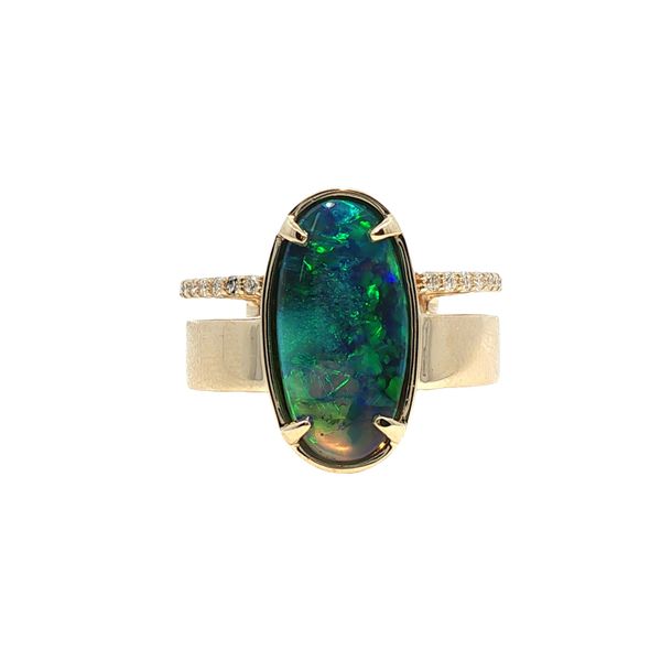 2.83ct Oval Australian Black Opal Split Shank Ring in 14k Yellow Gold Clark's Diamond Jewelers Coeur d'Alene, ID