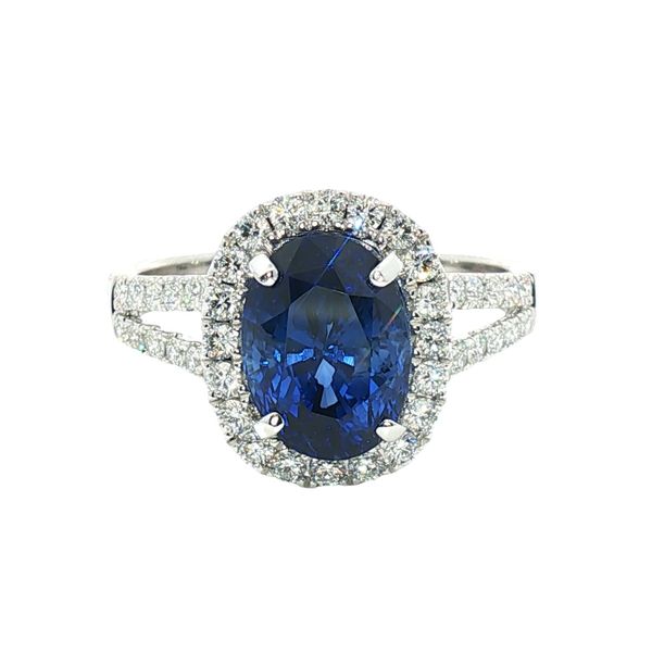 3.61ct Oval Blue Sapphire Halo Split Shank Ring in 14k White Gold Clark's Diamond Jewelers Coeur d'Alene, ID