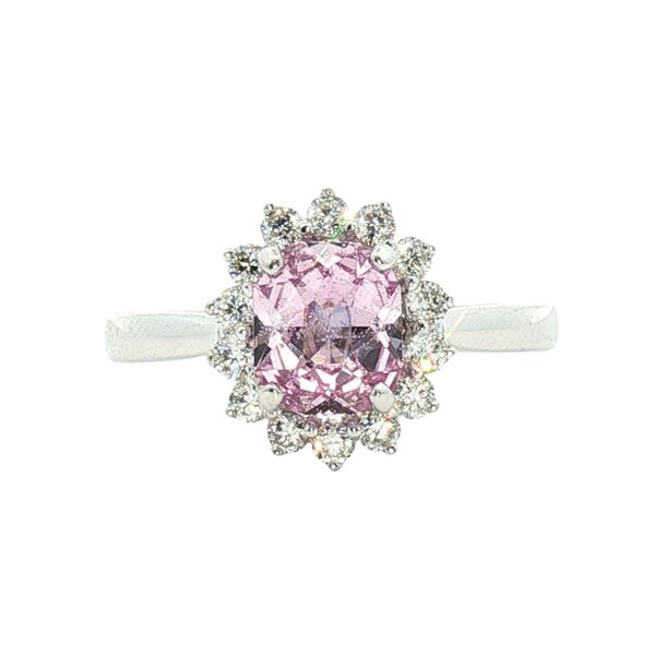 1.28ct Light Pink Cushion Sapphire and Diamond Halo Ring in 18k White Gold Clark's Diamond Jewelers Coeur d'Alene, ID