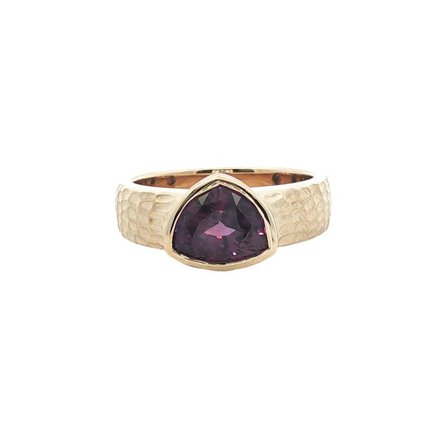 Jeweler Jane Pink Sapphire Trillion Solitaire in 14k Yellow Gold Clark's Diamond Jewelers Coeur d'Alene, ID