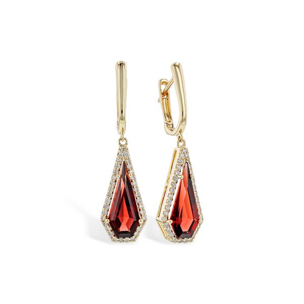 Garnet Drop Halo Earrings: 3.16cttw Garnets in 14k Yellow Gold Clark's Diamond Jewelers Coeur d'Alene, ID