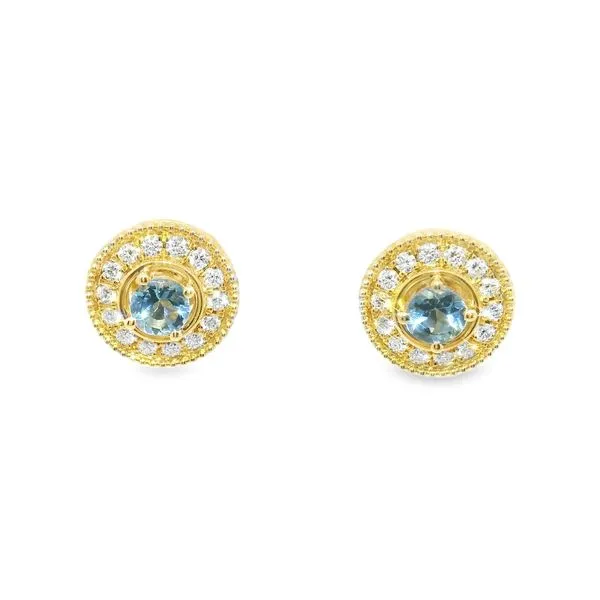 0.35ct Aquamarine Halo Earrings in 14k Yellow Gold Clark's Diamond Jewelers Coeur d'Alene, ID