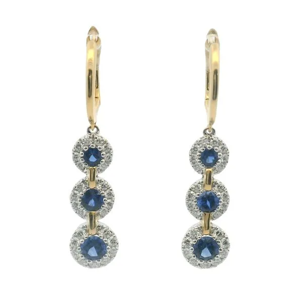 1.14ct Sapphire Drop Halo Hoop Earrings in 18k Yellow & White Gold Clark's Diamond Jewelers Coeur d'Alene, ID