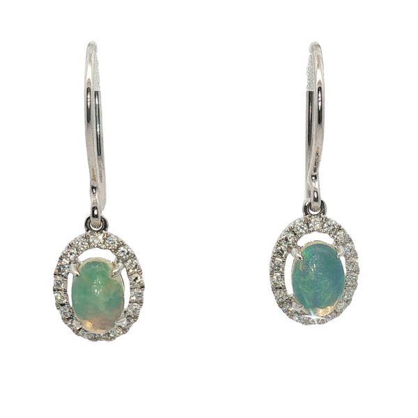0.53cttw Opal and Diamond Halo Dangle Earrings in 14k White Gold Clark's Diamond Jewelers Coeur d'Alene, ID