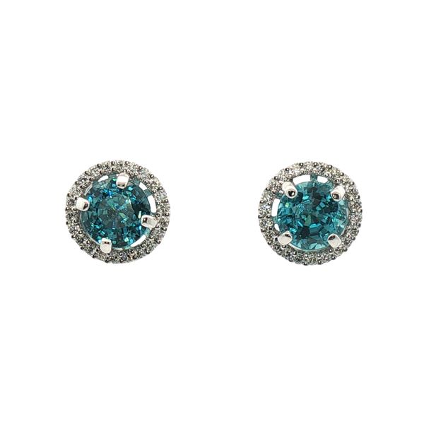2.72cttw Blue Zircon and Diamond Halo Stud Earrings in 14k White Gold Clark's Diamond Jewelers Coeur d'Alene, ID