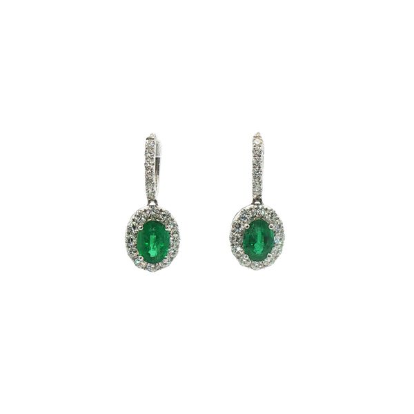 Emerald Halo Drop Earrings in 14k White Gold Clark's Diamond Jewelers Coeur d'Alene, ID
