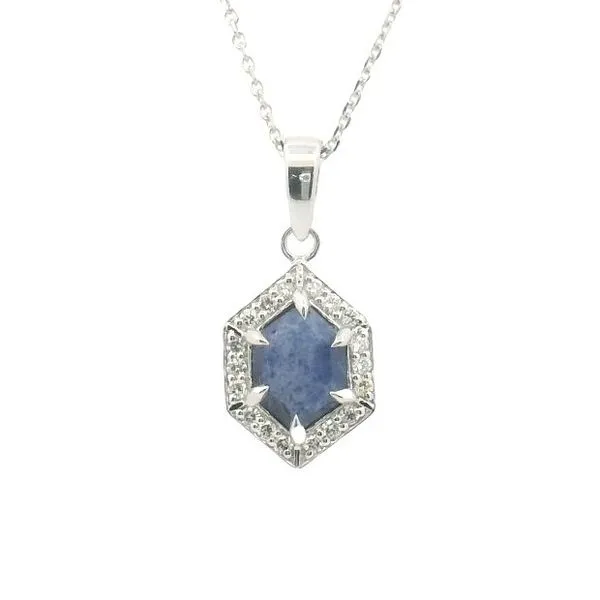 1.30ct Elongated Hex Idaho Sapphire Halo Pendant in 10k White Gold – Jane Clark Custom Clark's Diamond Jewelers Coeur d'Alene, ID
