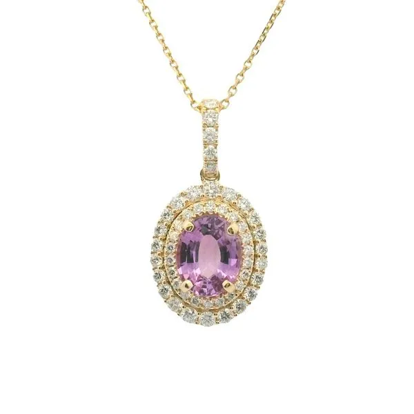 1.81ct Pink Sapphire Double Halo Pendant in 18k Yellow Gold Clark's Diamond Jewelers Coeur d'Alene, ID
