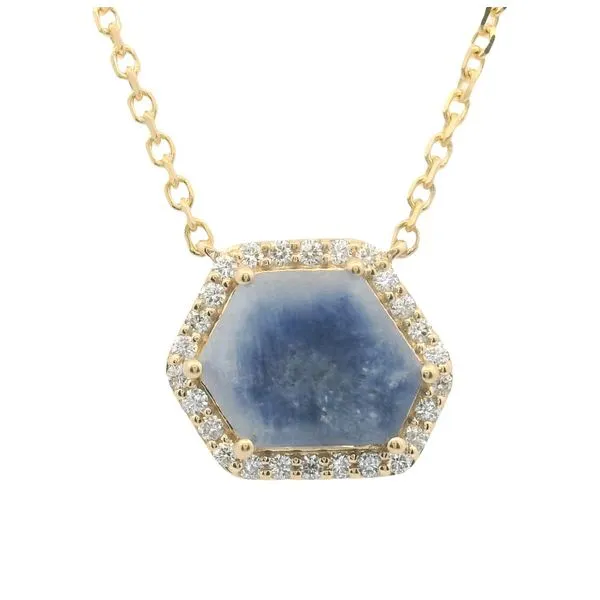 1.88ct Hexagon Idaho Denim Sapphire Halo Pendant in 14k Yellow Gold Clark's Diamond Jewelers Coeur d'Alene, ID