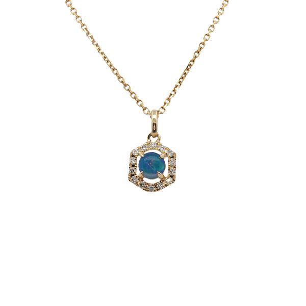 0.19ct Opal and Diamond Halo Pendant in 14k Yellow Gold Clark's Diamond Jewelers Coeur d'Alene, ID
