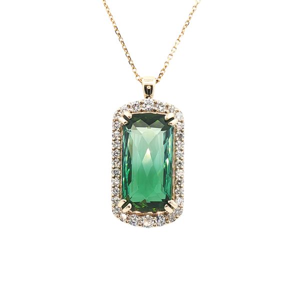 11.28ct Bicolor Green Tourmaline Halo Pendant in 14k Yellow Gold Clark's Diamond Jewelers Coeur d'Alene, ID
