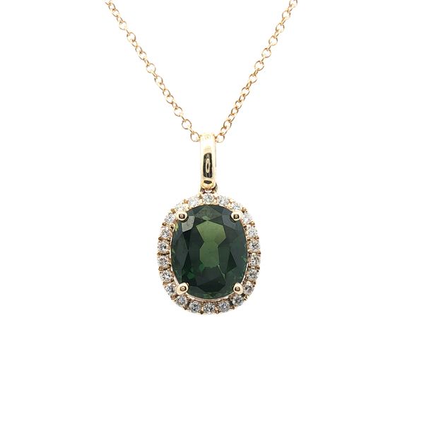 2.35ct Oval Green Sapphire Halo Pendant in 14k Yellow Gold Clark's Diamond Jewelers Coeur d'Alene, ID