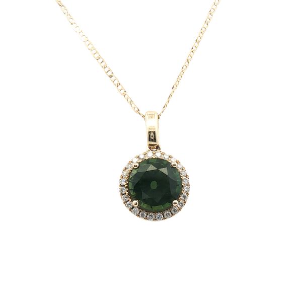 2.09ct Green Sapphire Halo Pendant in 14k Yellow Gold Clark's Diamond Jewelers Coeur d'Alene, ID
