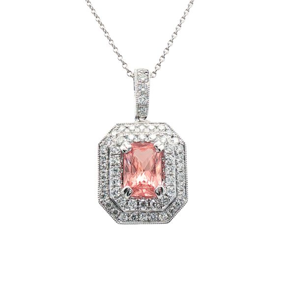 1.03ct Rhodochrosite Double Halo Pendant in 14k White Gold Clark's Diamond Jewelers Coeur d'Alene, ID