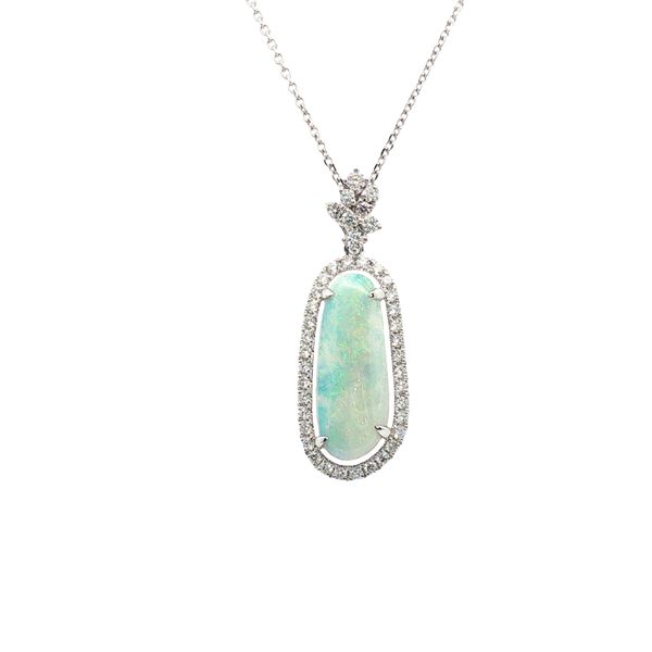 2.34ct Oval Opal and Diamond Halo Pendant in 14kt White Gold Clark's Diamond Jewelers Coeur d'Alene, ID