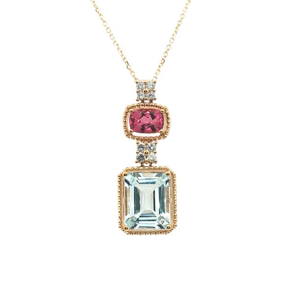 4.49ct Aquamarine & 0.84ct Pink Tourmaline Pendant in 14k Yellow Gold Clark's Diamond Jewelers Coeur d'Alene, ID