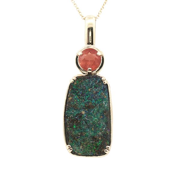 Boulder Opal and Sunstone Jeweler Jane Custom Pendant in 14k Yellow Gold Clark's Diamond Jewelers Coeur d'Alene, ID
