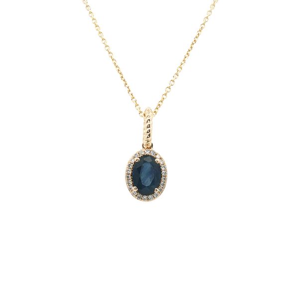 Sapphire and Diamond Halo Pendant in 14k Yellow Gold Clark's Diamond Jewelers Coeur d'Alene, ID