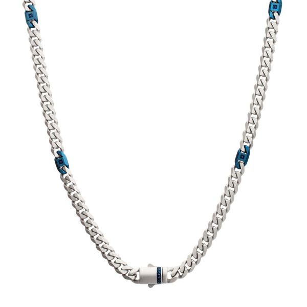 Matte Finish Steel Beveled Cuban with Blue Links Necklace Clark's Diamond Jewelers Coeur d'Alene, ID