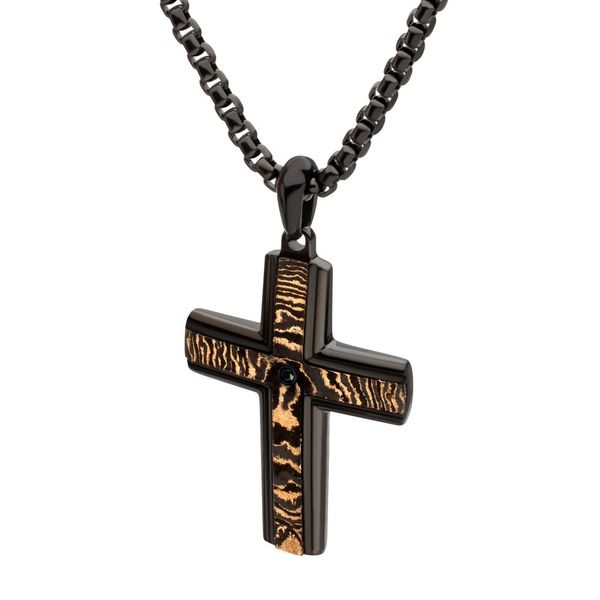 Black IP Solid Copper Carbon Cross Pendant with Black Sapphire & Box Chain - 22