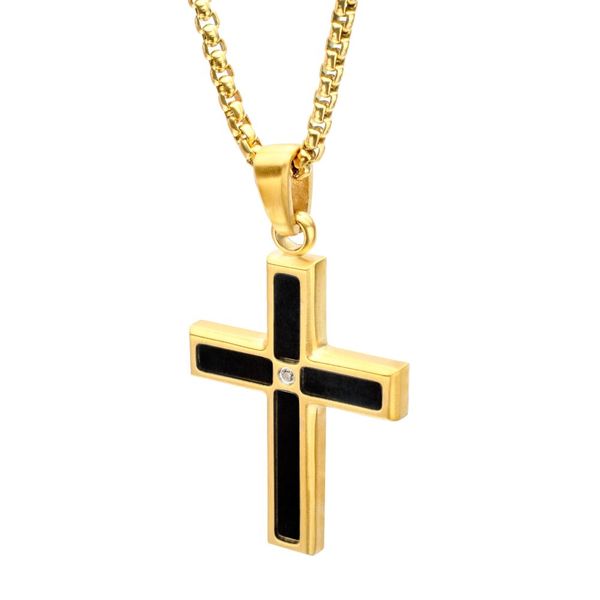 Steel Gold Plated Onyx Cross Pendant - 22