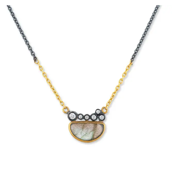 2.60ct Half-Moon Labradorite & Diamond Necklace in Oxidized Silver and 24k Gold Clark's Diamond Jewelers Coeur d'Alene, ID