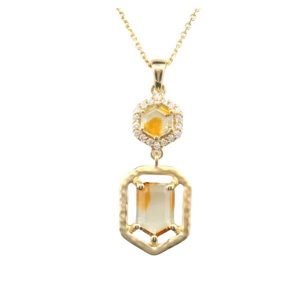 1.11ct Orange Shield Portrait Sapphire & 0.53ct Hex Montana Sapphire Drop Pendant in 14k Yellow Gold – Jeweler Jane Custom Clark's Diamond Jewelers Coeur d'Alene, ID