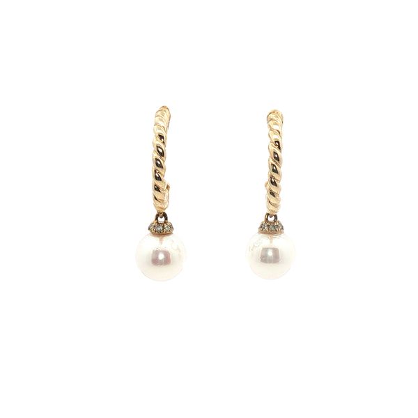 Akoya Pearl Dangle Hoop Earrings in 14k Yellow Gold Clark's Diamond Jewelers Coeur d'Alene, ID