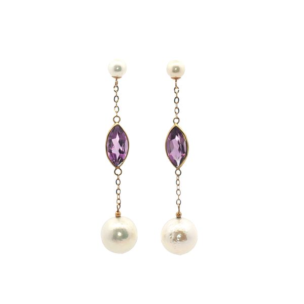 Freshwater Pearl and Amethyst Drop Earrings in 18k Yellow Gold Clark's Diamond Jewelers Coeur d'Alene, ID