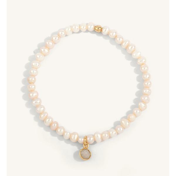 Pearl with Gold Plated Moonstone Bezel Charm Bead Bracelet Clark's Diamond Jewelers Coeur d'Alene, ID