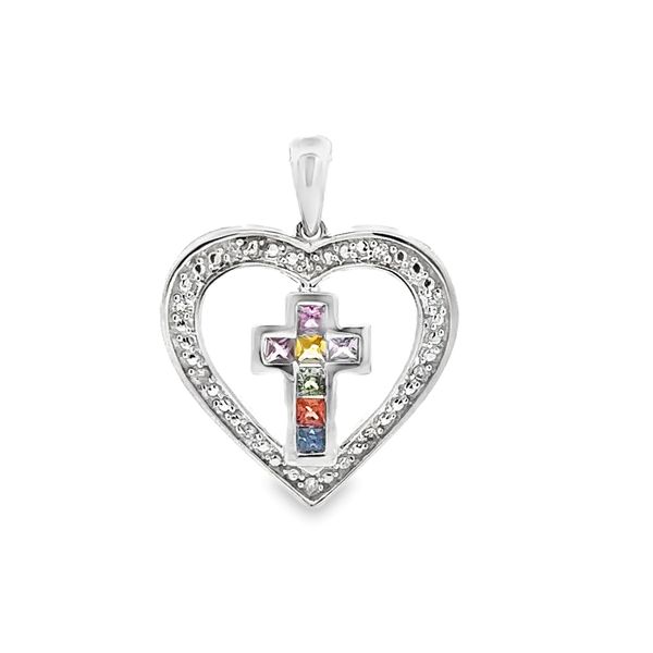 14K White Gold Colored Princess Cut Sapphire And Diamond Cross With Heart Pendant Classic Creations In Diamonds & Gold Venice, FL