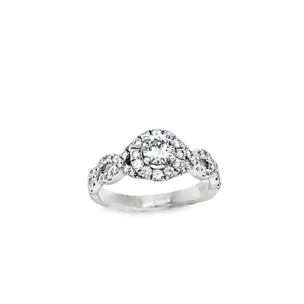 14K White Gold Round Brilliant Cut Single Diamond With Diamond Halo And Shared Diamond Prong Criss-Cross Shank Engagement Ring Classic Creations In Diamonds & Gold Venice, FL