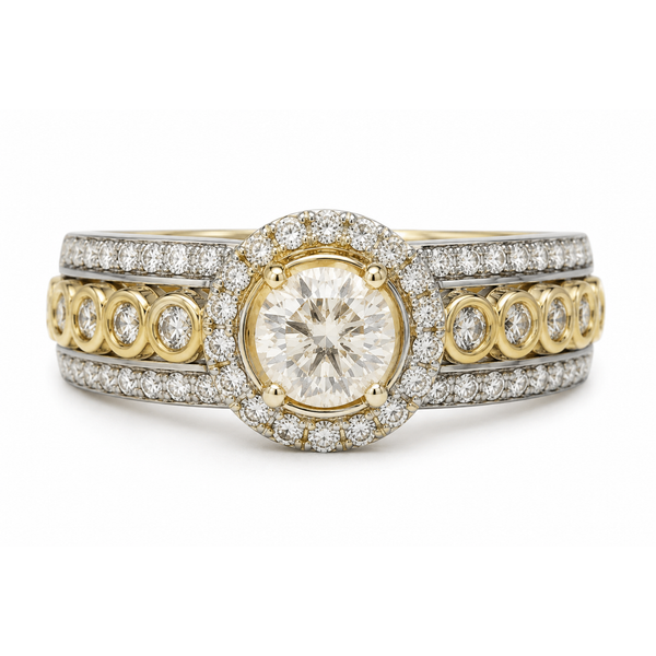 14K Two-Tone Gold Round Diamond Halo Ring | .97 CTW Natural Diamonds Classic Creations In Diamonds & Gold Venice, FL
