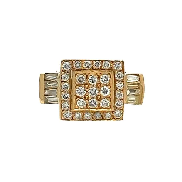 18K Yellow Gold Pavé Round Brilliant Cut Diamonds Square Top Ring With Channel Set Diamond Baguettes Classic Creations In Diamonds & Gold Venice, FL