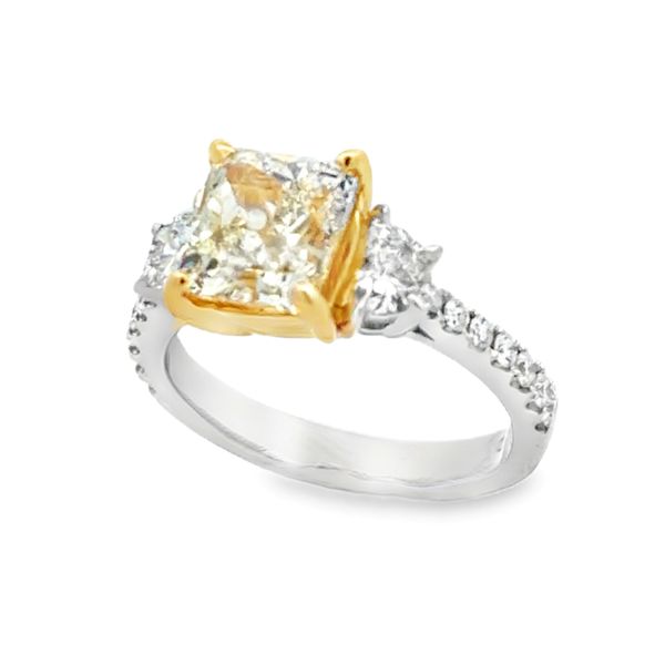 18K Two Tone Gold CGL Natural Fancy Yellow Cushion Diamond Ring With Half Moon Side Diamonds | 3.01 CT Image 2 Classic Creations In Diamonds & Gold Venice, FL