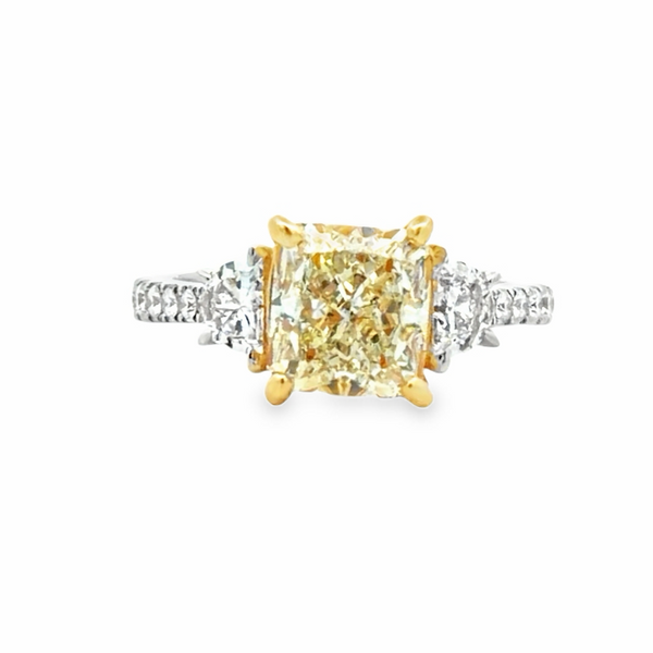 18K Two Tone Gold CGL Natural Fancy Yellow Cushion Diamond Ring With Half Moon Side Diamonds | 3.01 CT Classic Creations In Diamonds & Gold Venice, FL
