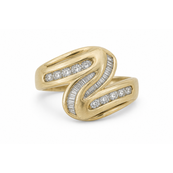 14K Yellow Gold Diamond Crossover Ring | .48 CTW Round & Baguette Natural Diamonds Classic Creations In Diamonds & Gold Venice, FL