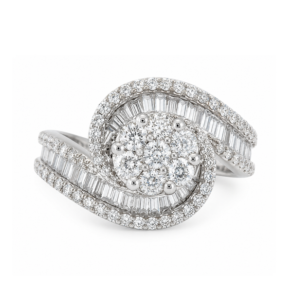 14K White Gold Round & Baguette Diamond Bypass Ring | 1.50 CTW Natural Diamonds Classic Creations In Diamonds & Gold Venice, FL