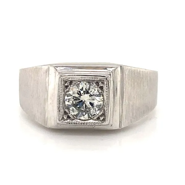 Men's 14K White Gold Round Brilliant Cut Pavè Diamond Solitaire Ring Classic Creations In Diamonds & Gold Venice, FL