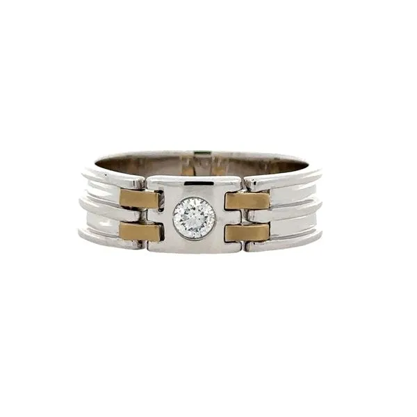 Men's 14K White & Yellow Gold Bezel Set Round Brilliant Cut Diamond Ring Classic Creations In Diamonds & Gold Venice, FL