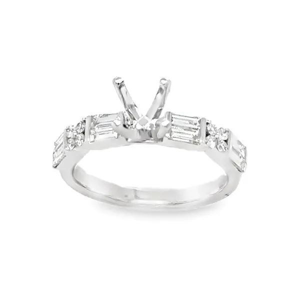 18K White Gold Four Prong Setting With Baguette And Round Brilliant Cut Diamond Sides, Semi Mount Ring Image 2 Classic Creations In Diamonds & Gold Venice, FL