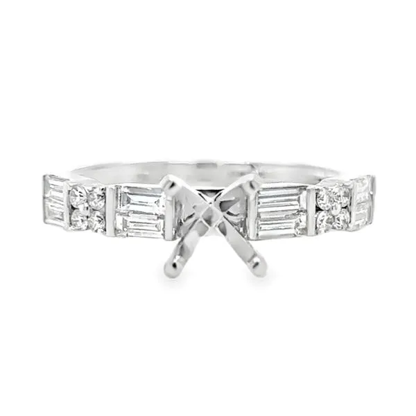 18K White Gold Four Prong Setting With Baguette And Round Brilliant Cut Diamond Sides, Semi Mount Ring Classic Creations In Diamonds & Gold Venice, FL