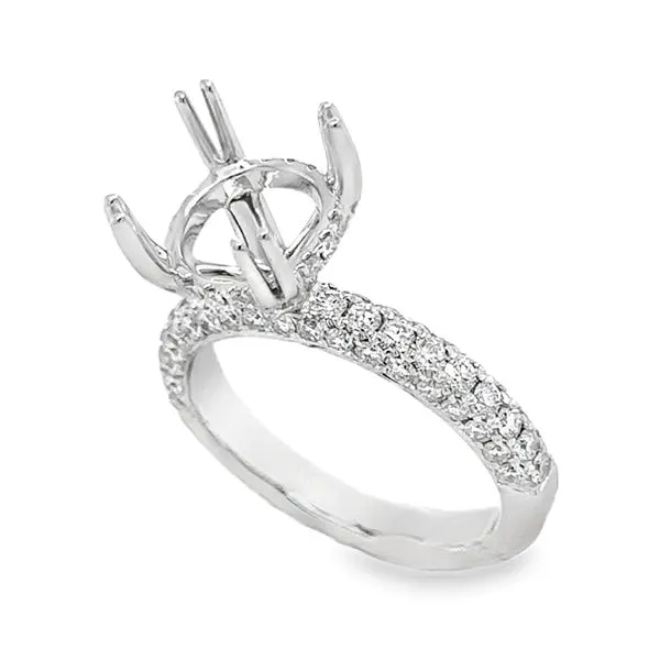 14K White Gold Four Prong Round Center Side Halo And Gallery Micro Pavè Diamond Three Sided Semi Mount Ring Classic Creations In Diamonds & Gold Venice, FL