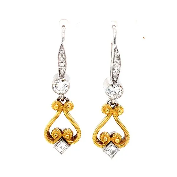 18K White And Yellow Gold Round Brilliant Cut And Princess Cut Step Cut French Hook Dangle Earrings Classic Creations In Diamonds & Gold Venice, FL