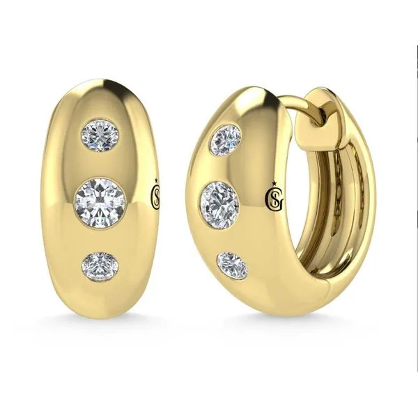 14K Yellow Gold 3 Round Brilliant Cut Burnish Set Huggie Hoop Earrings Classic Creations In Diamonds & Gold Venice, FL