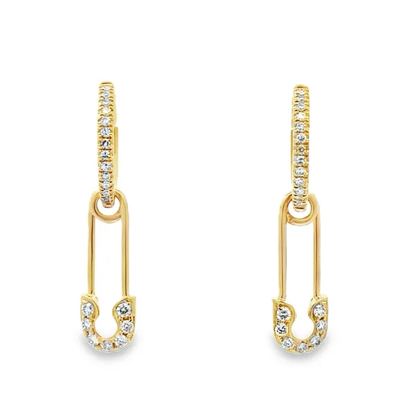 14K Yellow Gold Micro Pave' Diamond Huggies with Safety Pin Charm Dangle Earrings Classic Creations In Diamonds & Gold Venice, FL