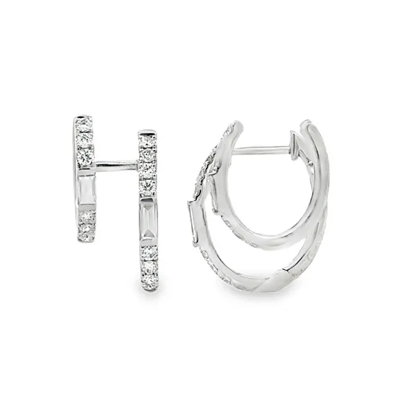 14K White Gold Double Row Round Brilliant Cut Diamond & Baguette Cuff Huggie Hoop Earrings Image 2 Classic Creations In Diamonds & Gold Venice, FL