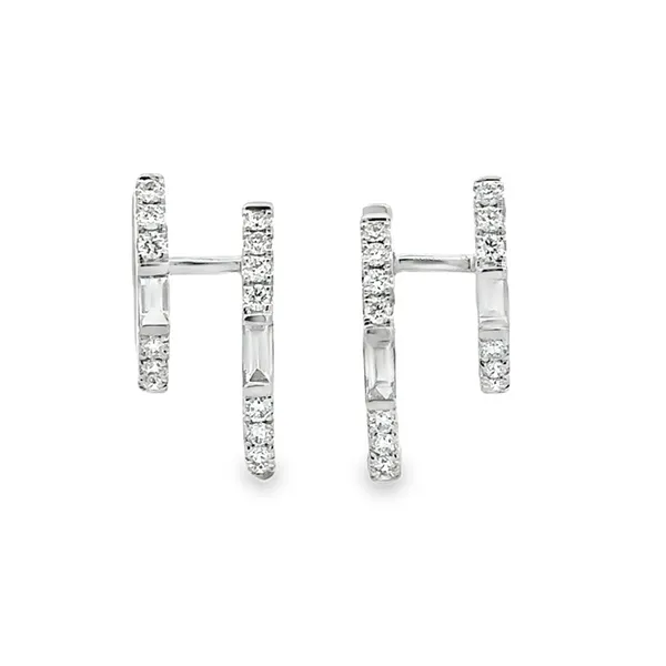 14K White Gold Double Row Round Brilliant Cut Diamond & Baguette Cuff Huggie Hoop Earrings Classic Creations In Diamonds & Gold Venice, FL