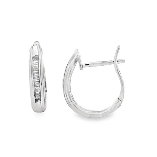 14K White Gold Channel Set Baguette Diamond Huggie Earrings Classic Creations In Diamonds & Gold Venice, FL